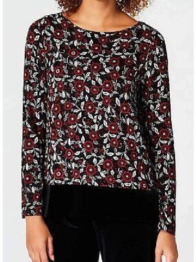 J. Jill Wearever Collection Top Small Floral Filigree Velvet Trim Black Red Boho